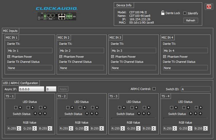 19 Clockaudio CDT100 Mk II Configuration The configuration software for the Clockaudio CDT-100 is organized into the following key sections: MIC Inputs LED / ARM-C Configuration *Note: Any changes
