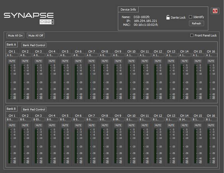 22 Synapse D32i Configuration 22.1 Bank Pad Control The 32 inputs is split into two banks and each bank has a pad control to set the input level.