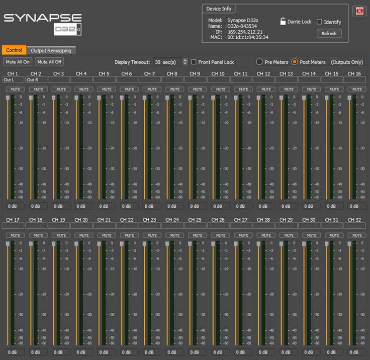 23 Synapse D32o Configuration 23.1 - Control 23.1.1 Mute All On/Off Clicking the Mute All On activate the mute function on all 32 outputs simultaneously. Conversely, the Mute All Off deactivates it.