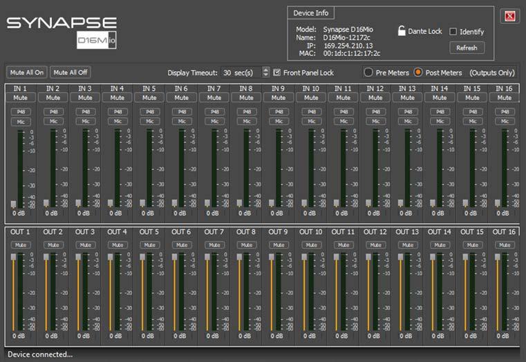 24 Synapse D16Mio Configuration 24.1 Mute All On/Off Clicking the Mute All On activate the mute function on all 32 inputs simultaneously. Conversely, the Mute All Off deactivates it.