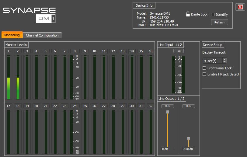 25 Synapse DM1 Configuration 25.1 Monitoring 25.1.1 Monitoring Levels The DM1 metering section shows the levels of the audio signals received directly from the Dante flows. 25.1.2 Line Input 1/2 The Line input metering section shows the levels of the audio signals received at the Line Inputs.