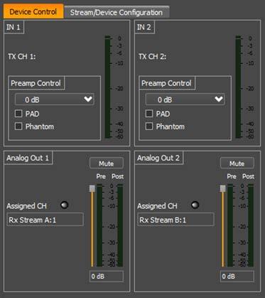 27.1 Device Control 27.1.1 Preamp Control The preamp control section allows the user to adjust the microphone preamp gain settings, enable a -12dB pad and set the phantom power state for the corresponding inputs.