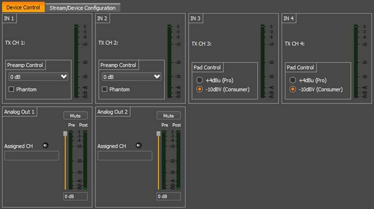 29.1 Device Control 29.1.1 Preamp Controls (Inputs 1 & 2 only) The Preamp Control section allows the user to adjust the microphone preamp gain settings and phantom power states for the corresponding XLR inputs.