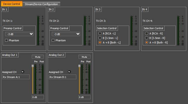 30.1 Device Control 30.1.1 Preamp Control The Preamp Control section allows the user to adjust the microphone preamp gain settings and phantom power states for the corresponding inputs. 30.1.2 Input Select Control The una6io features an input selection option for the line level analog inputs routed to Dante transmitter channels 3 and 4.