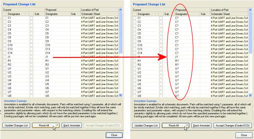 Figure 5. The first dialog shows the Proposed Designator Change List before any changes are made.