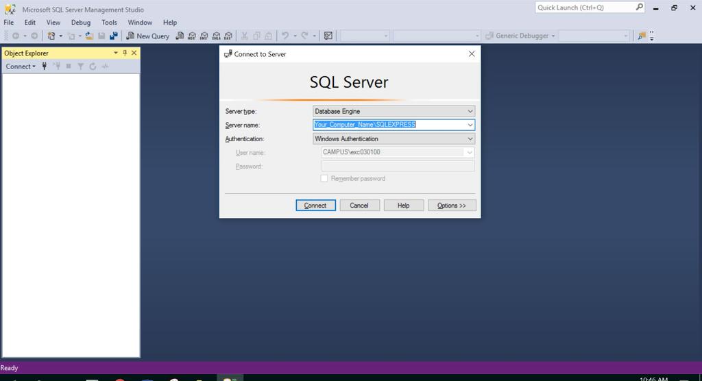 Click on the icon to run SSMS. When SSMS first runs, it will ask you for the server name, as illustrated below.