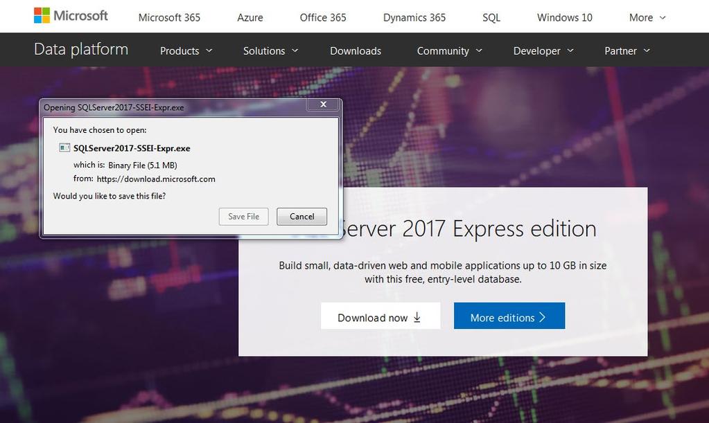 Step 2: Downloading the Installer Click on the Download button, and you will see a screen similar to the following: During to preparation of this documentation SQL server 2017 Express edition was