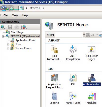 2 Type inetmgr and select OK. The IIS Manager window appears. 3 In the left-hand Connections pane select the SEG server 4 In the main pane, under the IIS section, double-click the Authentication icon.