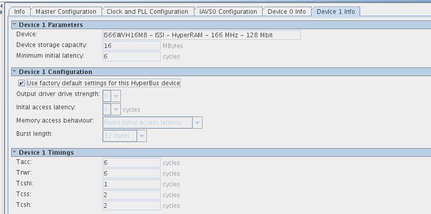 In the Device1 Info tab The table below will show the parameters, configuration and timing for the HyperRAM memory.