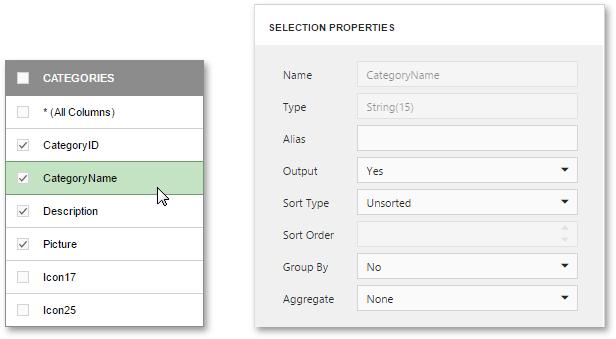 Select All (*) Specifies whether or not the query result set should include all columns from the selected tables and/or views, regardless of their individual settings.