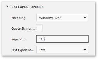 The options are allocated in groups by an export format to which they are applied.