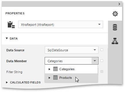 After binding a report to data, the Field List shows the structure of the report's data source.