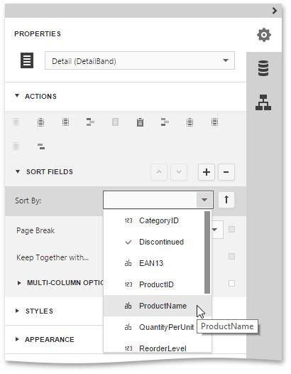 To sort records in a data-aware report, do the following. 1. Select the Detail Band and expand the Actions category. Then, in the Sort Fields section, click the Add button to add a new sorting. 2.