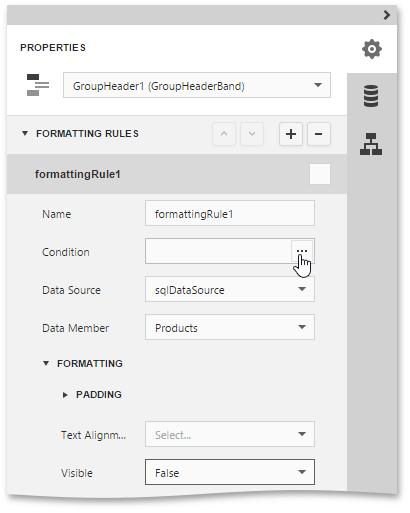 Select the Group Header band and in the Properties Panel, expand the Appearance category. Then, expand the Formatting Rules section and add a new formatting rule. 2.