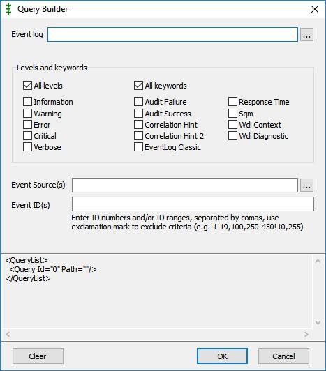 Event log defines from which event logs the events will be collected. You can use several event logs in one query. Levels and keywords define which event levels and keyword masks will be collected.