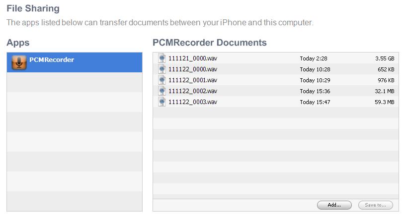 Operations To Record a Track 3 Scroll down to File Sharing and select PCM Recorder in the list. 1 Press the Record button once so it starts flashing.