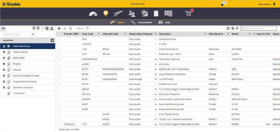 Locations Page The Locations Page displays a tree control to select and manage locations and display the assets and consumables that are at the selected location in the Asset Grid.