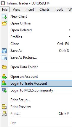 How to log in to MT4 Account In order to login to your MT4 trading account, please see the following: Go to File > Login to Trade Account Once