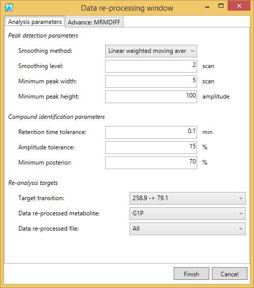 Data processing menu Data re-processing can be done by newly optimized parameters in this option. Re-processing is also performed per metabolite or per file.