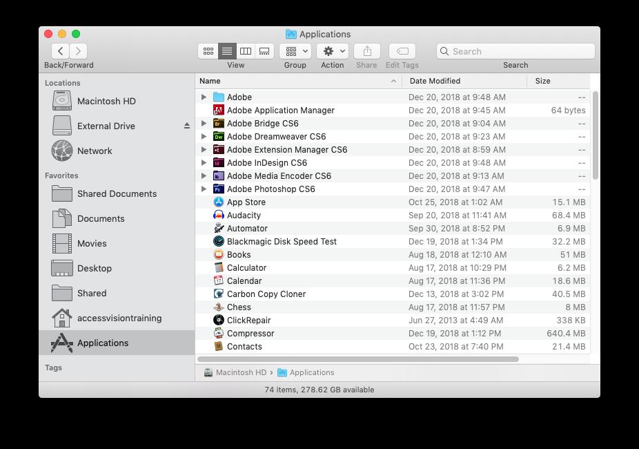 List view: shows files & folders as a list.