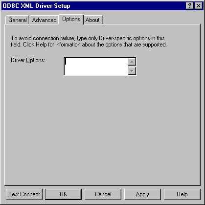 Options Tab In the ODBC XML Driver Setup dialog box, under the Options tab is the Driver Options. The Driver Option does not directly affect reporting.