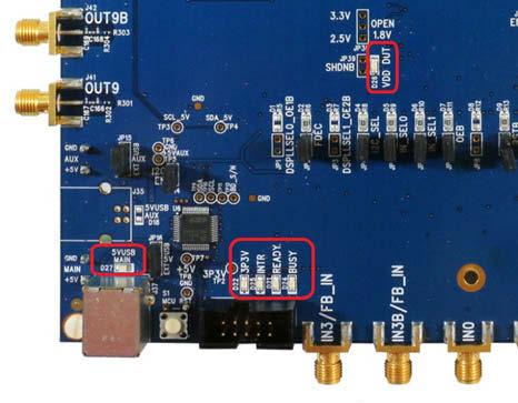 Staus LEDs 5. Staus LEDs Table 5.1. Si5391A-A-EB Status LEDs Location Silkscreen Color Status Function Indication D27 5VUSBMAIN Blue Main USB +5 V present D22 3P3V Blue DUT +3.