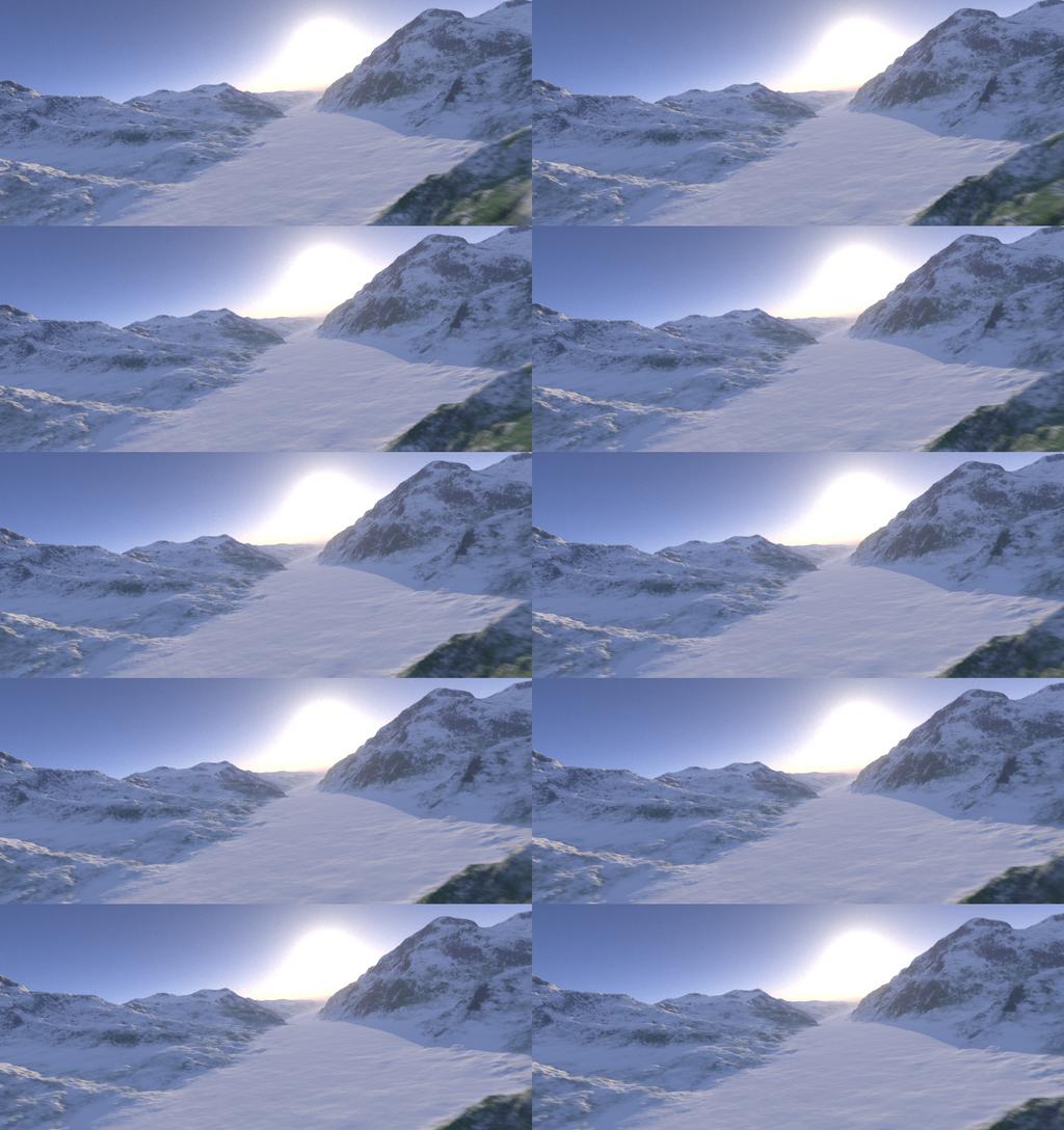 Figure 4.3: Example Three, image sequence with some camera movement. 4.1.2 Sequences Example Three This example shows a ten frame sequence render with few shaders.