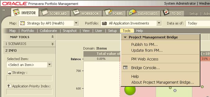 The Project Management Bridge Menu CHAPTER 3 3-1 3 The Project Management Bridge Menu Once the PM Bridge is installed, a new menu called Tools is added to the Primavera Portfolio Management menu bar.