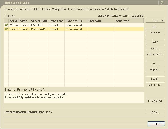 4-10 Primavera Portfolio Management Bridge for Primavera P6 -- Users Guide 2 Select a PM server