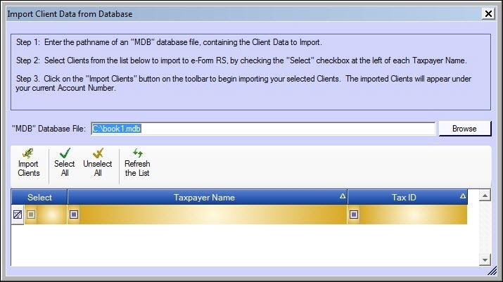 IMPORT CLIENTS TO DATABASE The Import Clients to Database imports one or more clients and client forms from an exported access database.