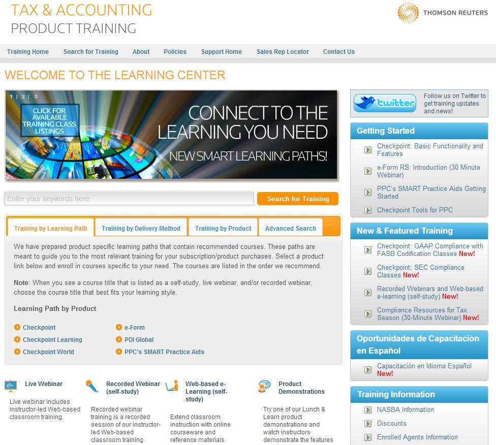 TRAINING Find a range of training options in the Tax & Accounting Learning Center. Formats include Live Webinar, Recorded Webinar, and Web-based e-learning (self study).