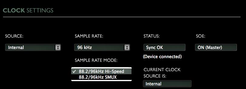 SAMPLE RATE sets the sample rate when Clock Source is set to Internal. Range: 44.1 / 48 / 88.2 / 96 khz. SAMPLE RATE MODE sets the MADI mode for 88.