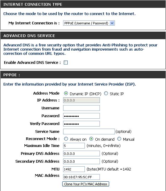 Address Mode: Manual Internet Connection Setup PPPoE (Username/Password) Select PPPoE (Username/Password) from the drop-down menu if your ISP uses a PPPoE connection.