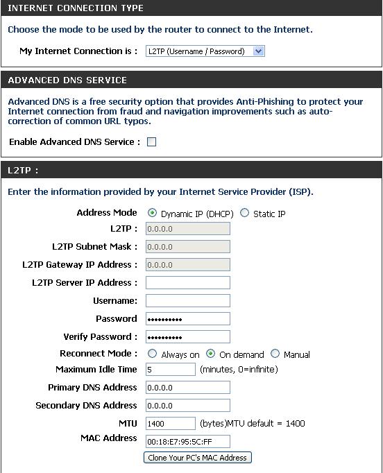 Manual Internet Connection Setup L2TP Choose L2TP (Layer 2 Tunneling Protocol) if your ISP uses a L2TP connection. Your ISP will provide you with a username and password.