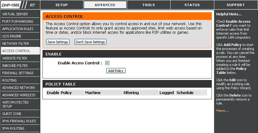 Access Control The Access Control section allows you to control access in and out of your network.