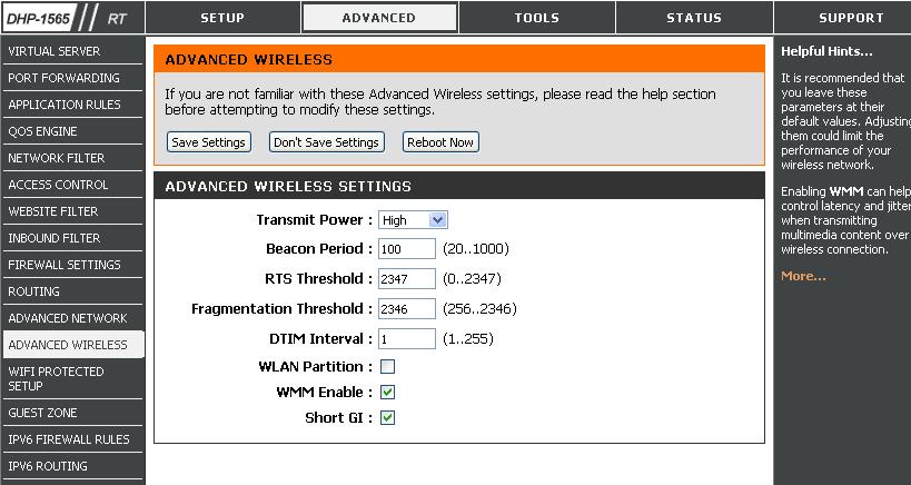 Advanced Wireless Settings 802.11n/b/g (2.4GHz) Transmit Power: Set the transmit power of the antennas.