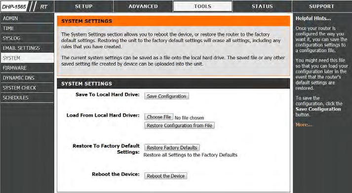System This section allows you to manage the router s configuration settings, reboot the router, and restore the router to the factory default settings.