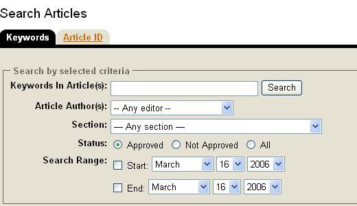 Search Articles The Search Articles feature allows you to search the database for articles to edit or delete.