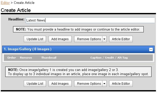 Adding Images or Galleries Within each article, you can upload one to three single images or one to three galleries which can contain up 25 images in a JPEG,