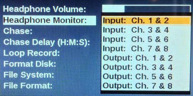 HEADPHONE MONITOR This menu selects the audio pair available at the ¼ inch audio jack on the front panel (#2, Figure 3 page 9). A.