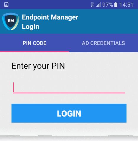 Open the 'Pin Code' tab in the 'Login' screen Enter the PIN (token) contained in the enrollment page Tap 'Login'. The End User License Agreement appears.