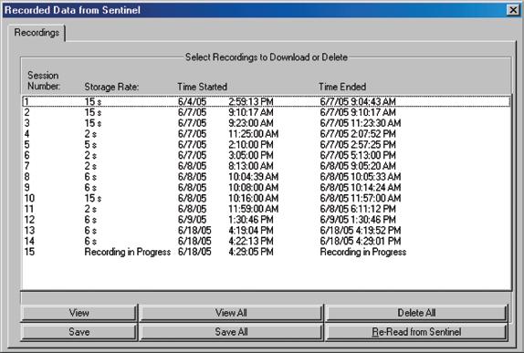 Recorded data dialog box allows clear and easy access to all stored data sessions