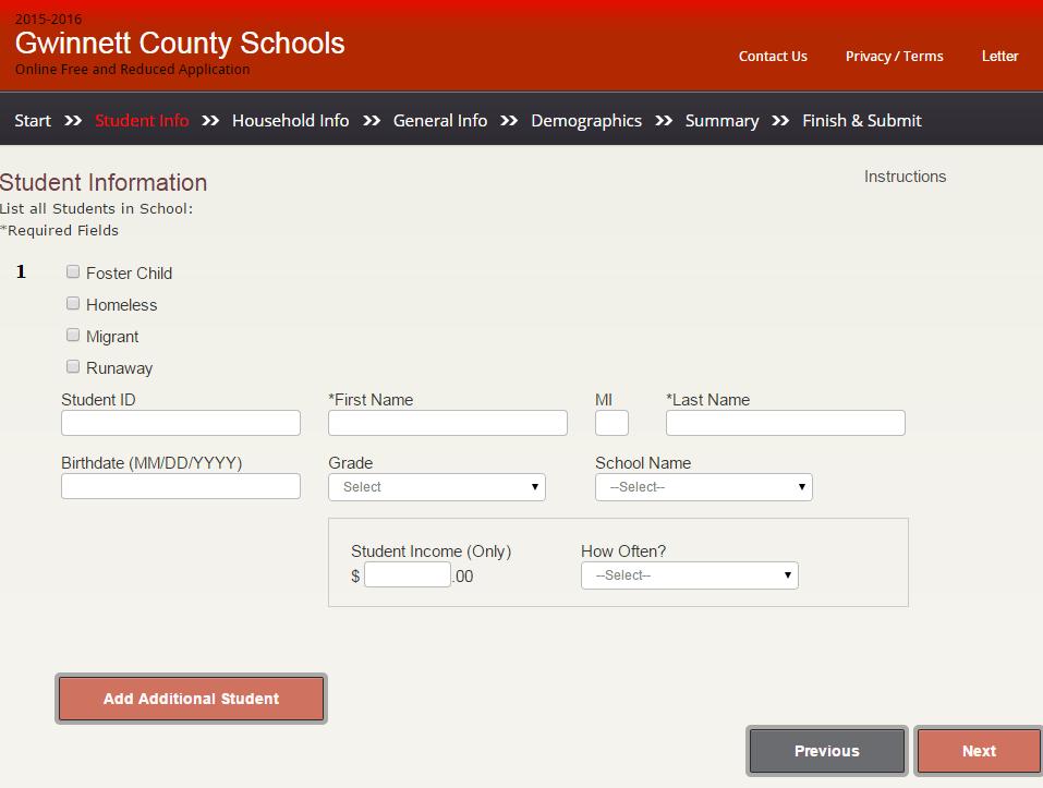 To add more students, please click on the Add Additional Student button.