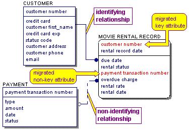 Basic Data Modeling Concepts In an identifying relationship, the foreign key migrates above the line and becomes part of the primary key of the child entity (see Foreign Key (see page 23) for more