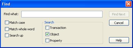 Workplace Panes Locate Text Using the Find Feature The Action Log Find dialog lets you search for specific text at the transaction level, object level, or property level.