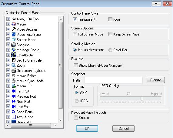 Control Panel Configuration Clicking the Control Panel icon brings up a dialog box that allows you to configure the items that appear on the Control Panel, as well as its graphical settings: The