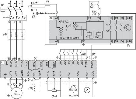 Connections and Schema Wiring Diagram Conforming to Standards EN 954-1 Category 3, IEC/EN 61508 Capacity SIL2, in Stopping Category 0 According to IEC/EN 60204-1 Three-Phase Power Supply, Low Inertia