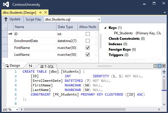 dotnet ef migrations add ColumnFirstName dotnet ef database update In SQL Server Object Explorer, open the Student table designer by double-clicking the Student table.