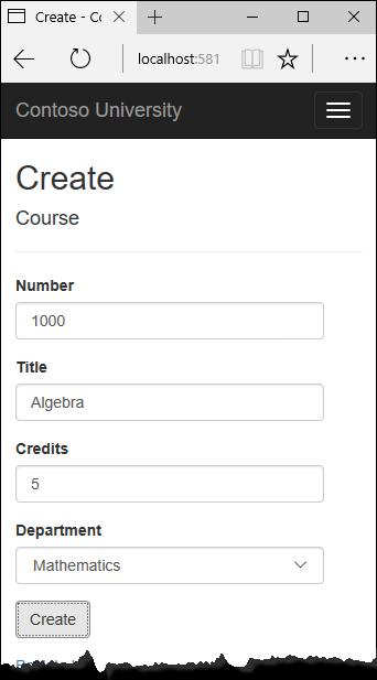 Click Create. The Courses Index page is displayed with the new course added to the list.