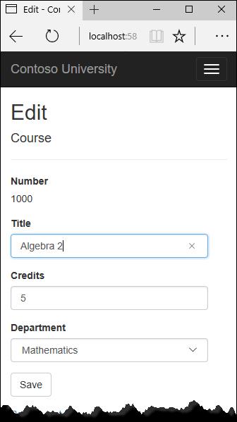 Change data on the page and click Save. The Courses Index page is displayed with the updated course data.